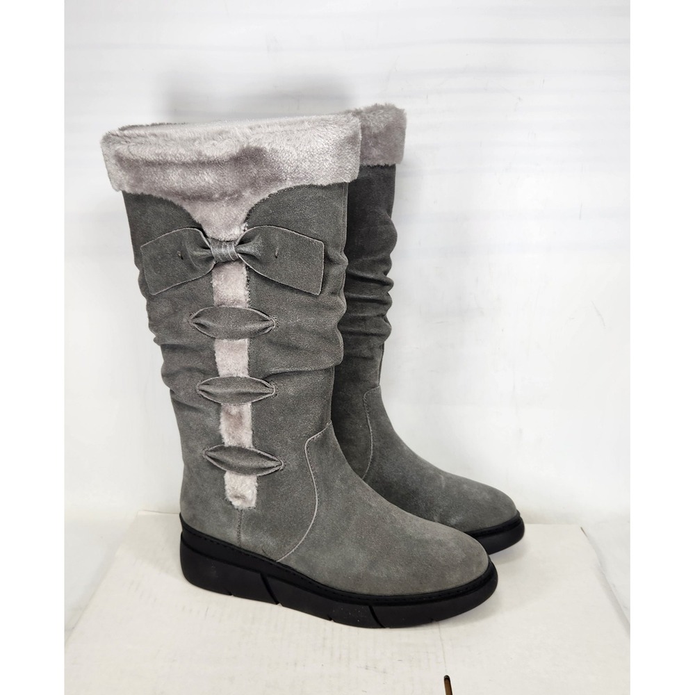 Baretraps Boots Women Size 7.5 Dark Grey Larenna Suede Faux Fur Slouchy Bows